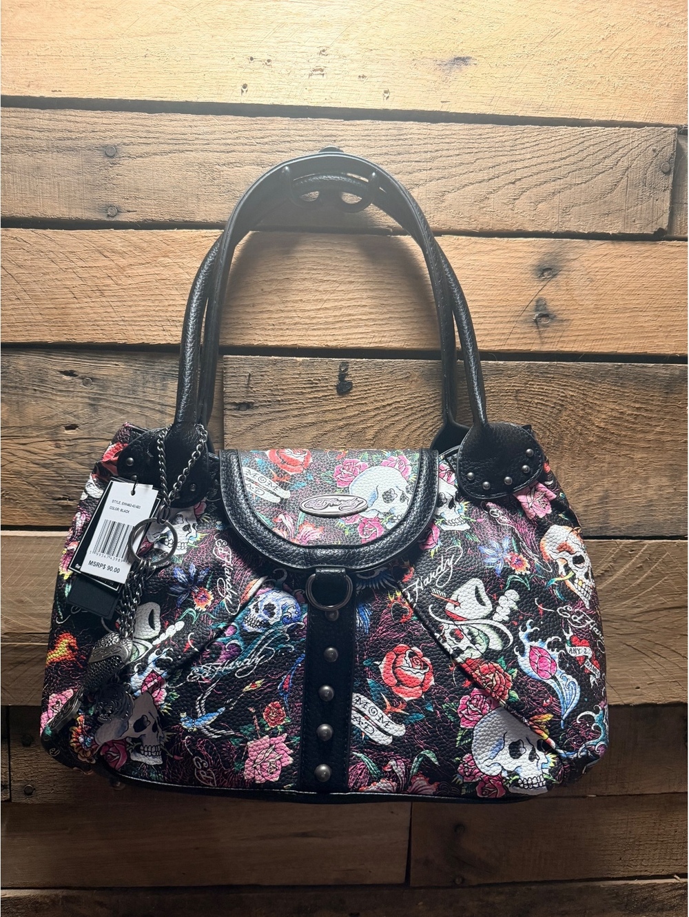 Ed Hardy Black Skull Rose Tattoo Satchel Handbag Purse NWT